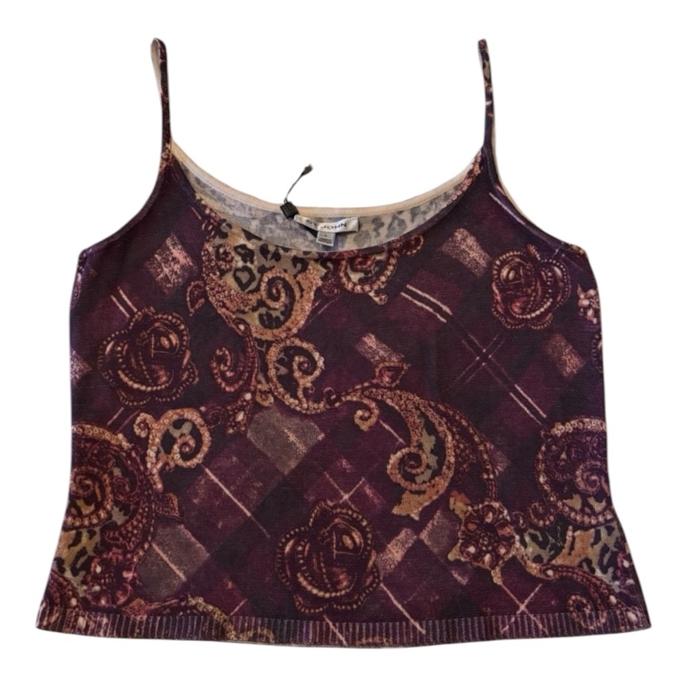 NWT St. John Aubergine Purple and Gold Patterned Knit Camisole Sz L